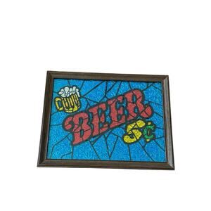 VTG Foil Beer Sign Glitter Art Glass Pub Room Bar Decor Framed Mancave She Shed